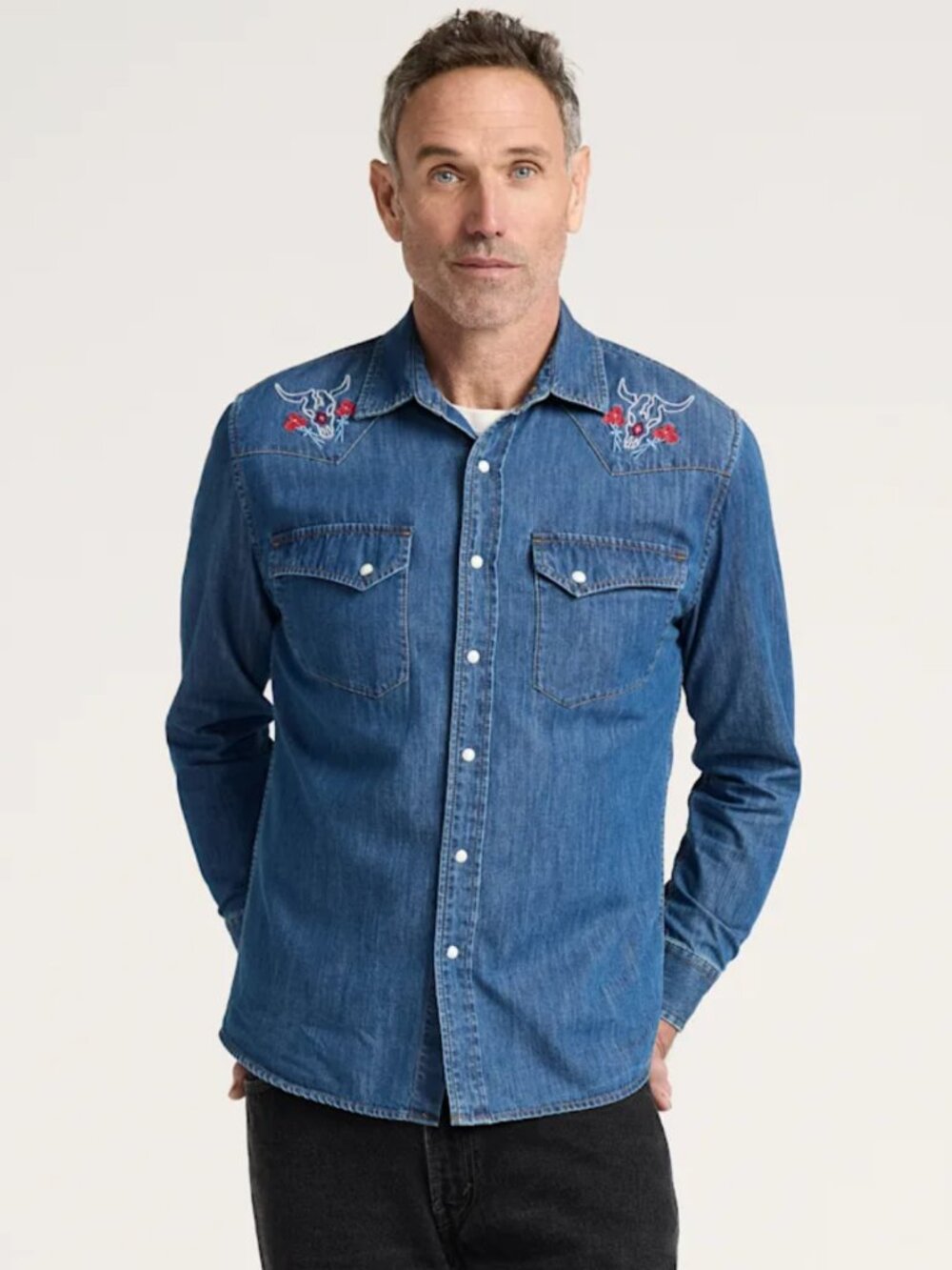 NWT Pendleton Mens Bison Embroidered Western Denim Snap Gambler Shirt Large